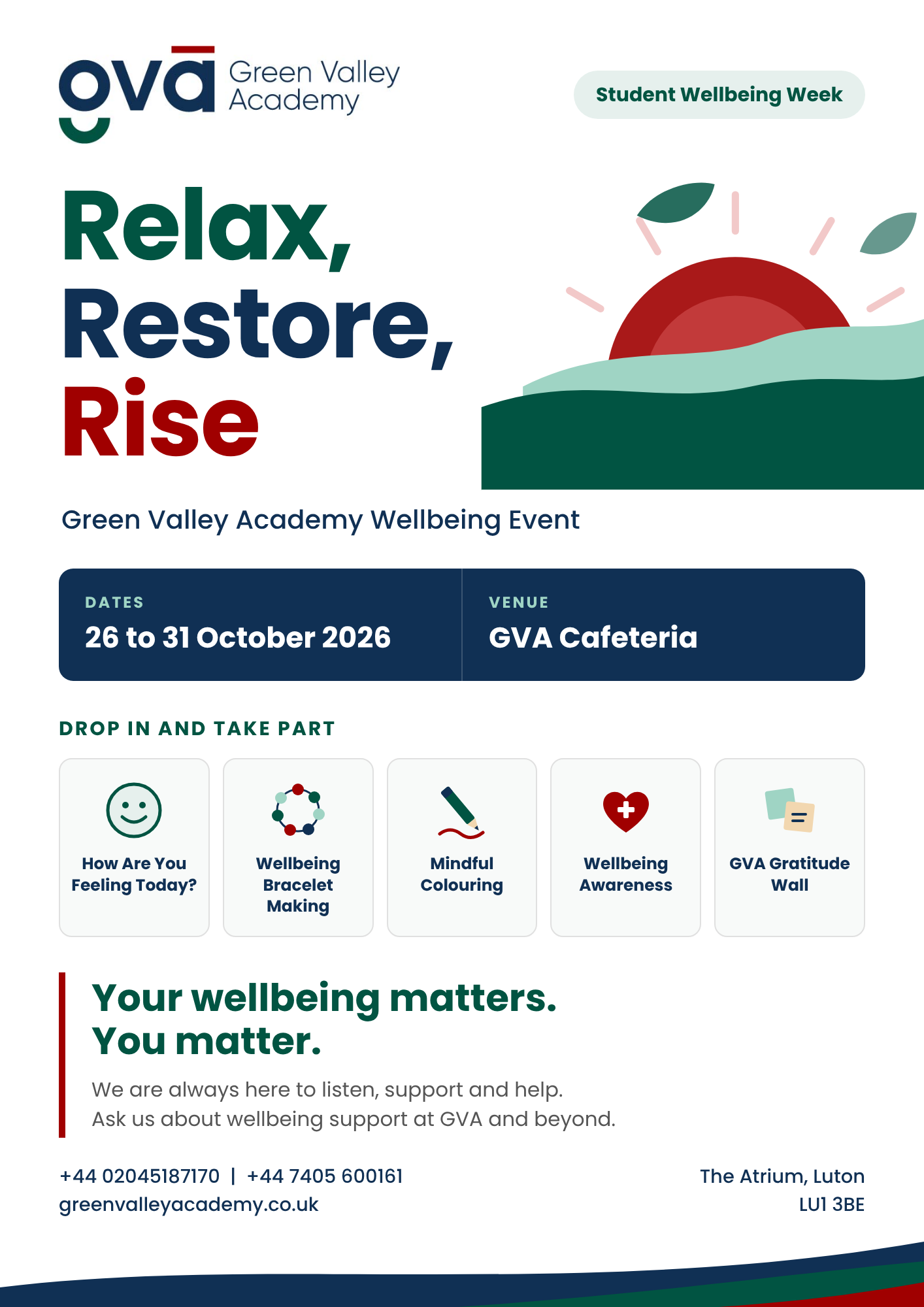 Relax, Restore, Rise: Green Valley Academy Wellbeing Event poster, 26 to 31 October 2026 in the GVA Cafeteria