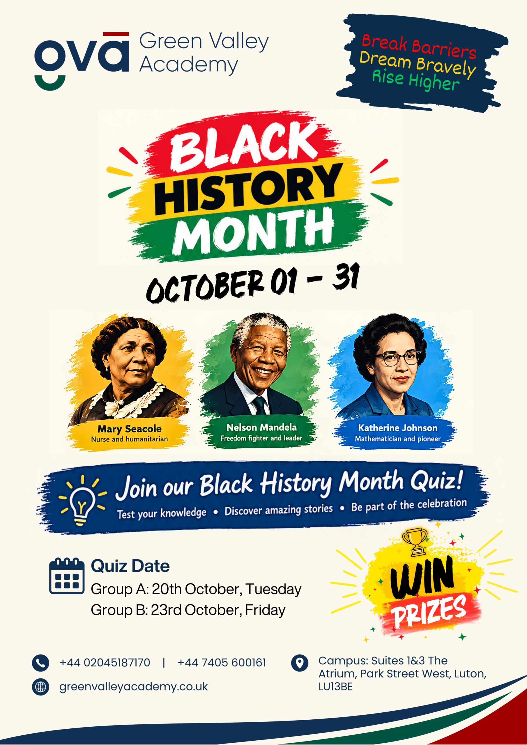 Green Valley Academy Black History Month Quiz poster featuring Mary Seacole, Nelson Mandela and Katherine Johnson